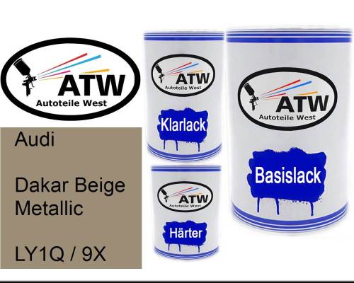 Audi, Dakar Beige Metallic, LY1Q / 9X: 500ml Lackdose + 500ml Klarlack + 250ml Härter - Set, von ATW Autoteile West.